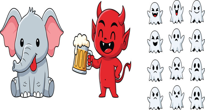 Cute Halloween Character Collection &ndash; Baby Elephant, Devil with Beer, and Ghost Emotion Set