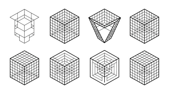 A collection of isometric geometric shapes are displayed including cubes prisms and truncated forms presented in a minimalist style high quality professional detailed modern elegant stylish