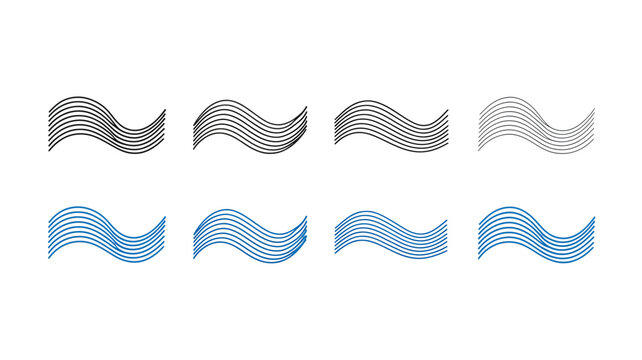 A collection of eight wave like linear designs presented in both grayscale and blue color palettes arranged in two horizontal rows high quality professional detailed modern