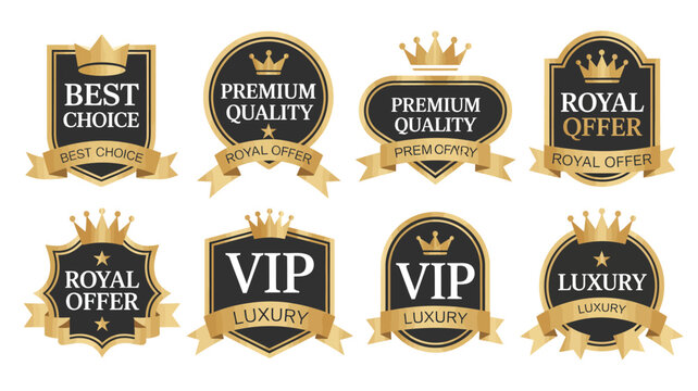 A collection of eight golden and black badges or labels featuring crowns ribbons and text denoting quality and exclusivity high quality professional detailed modern elegant stylish