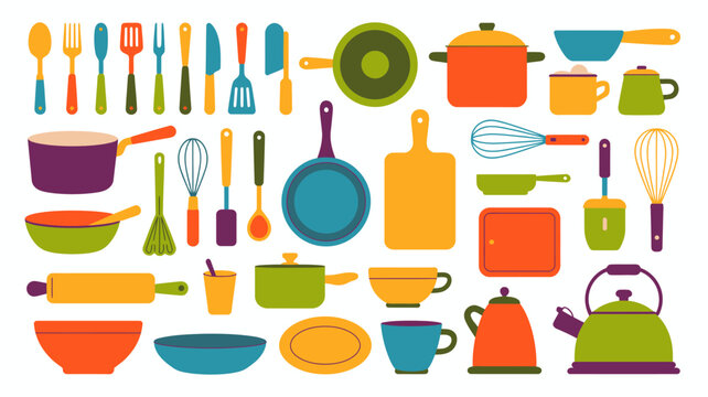 A colorful collection of kitchen utensils and cookware is displayed including spoons forks knives pots pans and mixing bowls high quality professional detailed modern elegant stylish