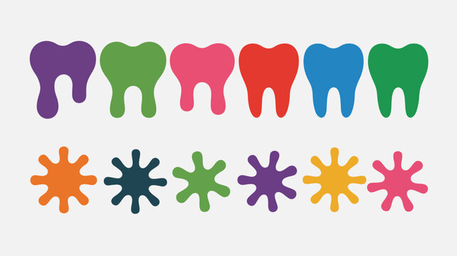 A colorful arrangement displays stylized teeth shapes above corresponding blot like forms in vibrant hues creating a playful dental motif high quality professional detailed modern elegant