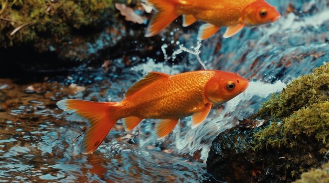 Two orange goldfish swim in a clear stream. Water flows over rocks and moss. Natural environment, bright colours, aquatic life. Fish swim upstream in shallow creek.