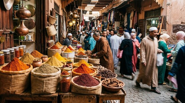 Vibrant Spice Market in Marrakech with People and Traditional Goods