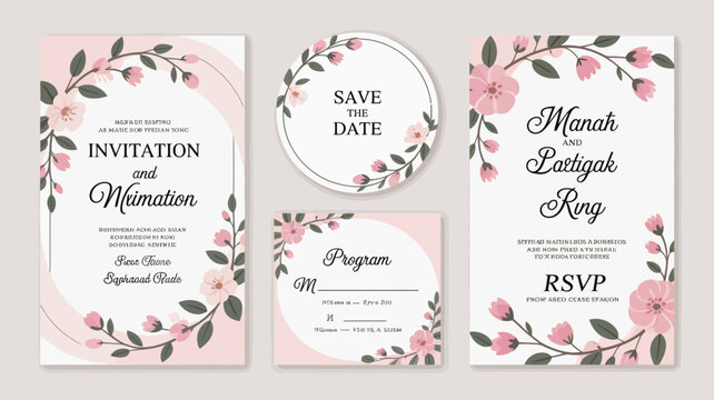 A collection of wedding stationery featuring delicate floral designs in shades of pink including invitations save the dates and rsvps high quality professional detailed modern elegant