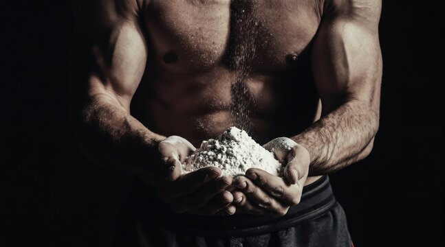 Muscular man holds white powder supplement in his hands. Bodybuilder pours powder from above, preparing shake for muscle growth. Sport nutrition for fitness training.