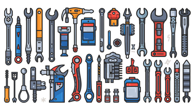 A set of various tools and equipment arranged in rows on a plain white background with a colorful and organized composition.