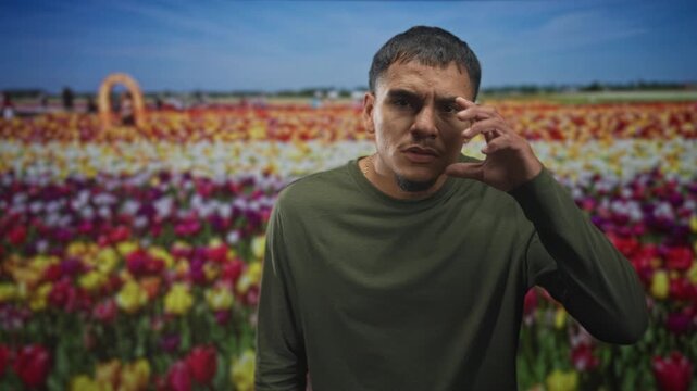 Man touching chin and gesturing with finger in a tulip field of blooming rows beneath blue sky; quiet contemplation.