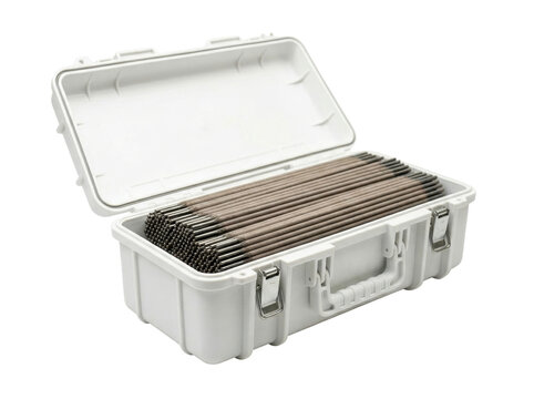 A white, hard-shell case is open, revealing rows of metal welding rods neatly organized inside, with a clean, bright studio background.