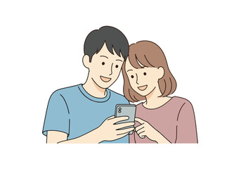Obraz premium A man and woman are looking at a smartphone screen together, smiling and engaged. The illustration style is simple and clean.