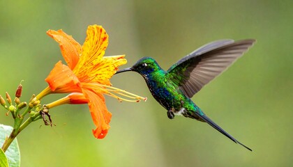 Fototapeta premium A hummingbird hovering mid-air near a bright orange flower, captured with sharp detail and natural lighting, showcasing motion and delicate beauty.