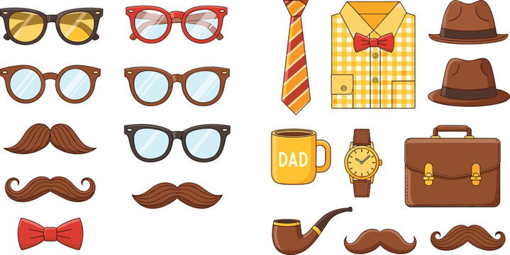 Father's Day gentleman accessories set featuring mustache glasses necktie shirt wristwatch briefcase and dad coffee mug isolated on white background for masculine vintage holiday vector illustration
