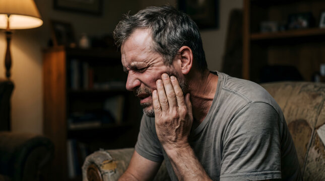 Middle-aged man sitting in a dimly lit living room, grimacing in pain while holding his jaw due to a severe toothache.