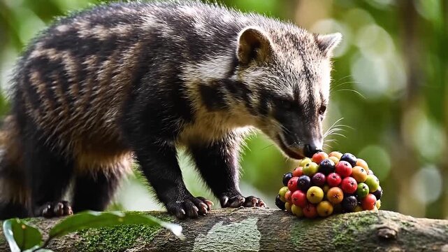 Close-up of a civet in its natural habitat, delicately sniffing a cluster of colorful berries on a tree branch, showcasing wildlife and biodiversity in a lush forest environment