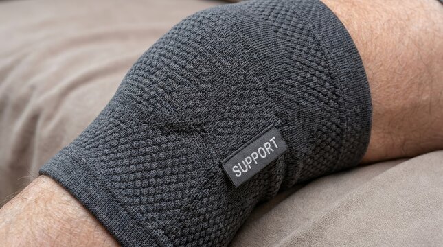 Close-up of knee brace on leg for joint support with compression sleeve