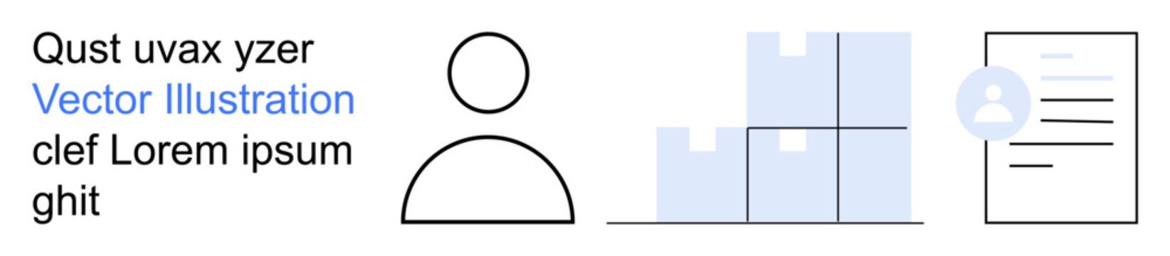 Identity verification, business organization, data management, logistics, documentation, user profile. Minimalist person icon, stacked boxes and a document. Identity verification and business
