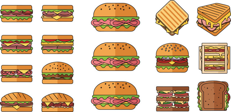 Flat design fast food collection with various burgers sandwiches grilled panini and club sandwiches isolated on white background 