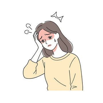 A flat vector illustration showing a young woman with a flushed face touching her forehead in distress due to a severe headache or fever.