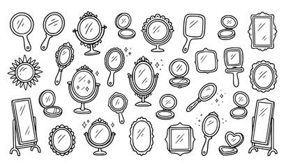 Hand drawn mirror doodle icon set with vanity handheld and decorative reflection objects vector illustration © MdSakib