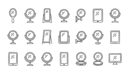 Mirror line icon set with handheld vanity stand and digital screen reflection symbols vector collection © MdSakib