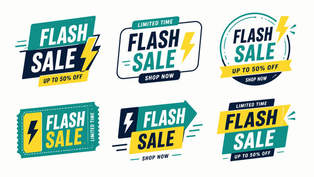 Flash sale banners limited time offers shop now up to 50 percent off with lightning bolt icons.
