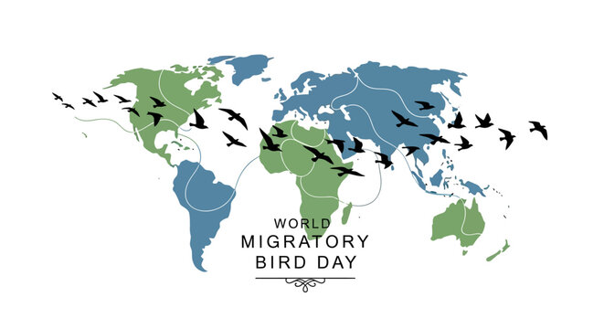 A vector illustration promoting World Migratory Bird Day shows a flock of birds silhouetted against a world map with continents shaded in green and blue, emphasizing global bird migration