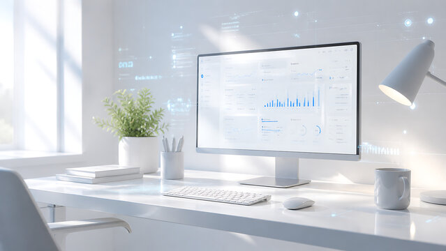 Modern office workspace with computer monitor and data analysis on screen with white desk and lamp