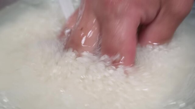 A close-up shot of human hands washing and rinsing raw white rice in a bowl of water to remove starch before cooking. High-quality footage of traditional kitchen food preparation and hygiene.