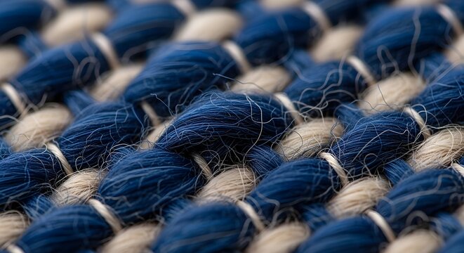 Close up of woven blue and beige fabric texture with detailed pattern