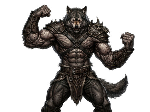 A powerful anthropomorphic wolf warrior in dark, menacing armor flexes his muscles with a fierce expression against a stark white background, conveying strength and aggression.