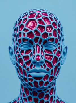 Surreal 3D Human Face with Blue Voronoi Pattern and Magenta Glossy Core