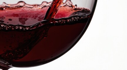 Naklejka premium Red wine pours into a clear glass creating bubbles and splashes. The dark liquid swirls with dynamic motion. A beverage is served for enjoyment.