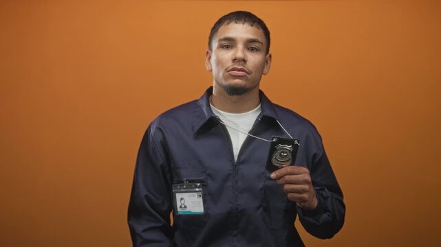Young man displays police badge and finger to lips for silence in studio, holding id card and staring at camera; secrecy vigilance.