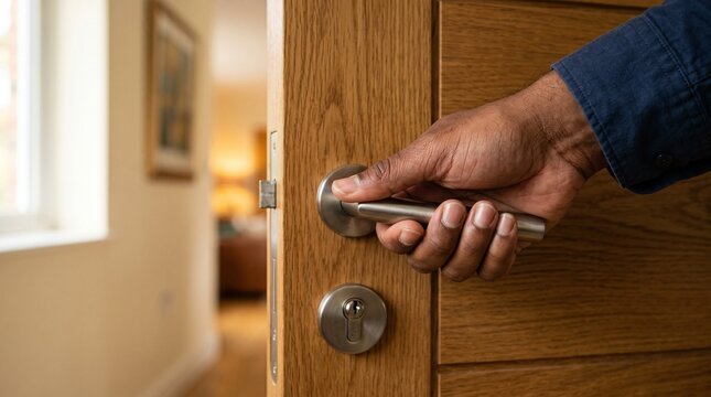 A close-up shot of a person with dark skin tones opening a modern light-oak wooden door using a sleek silver lever handle, showing a blurred living room interior in the background