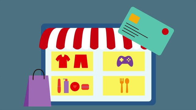 Online shopping storefront displays various products with a credit card and purple shopping bag outside