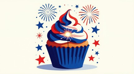Naklejka premium Patriotic cupcake with sparkler and fireworks. Red white blue frosting and stars for Independence Day celebration. Dessert graphic for July fourth holiday party invitation.