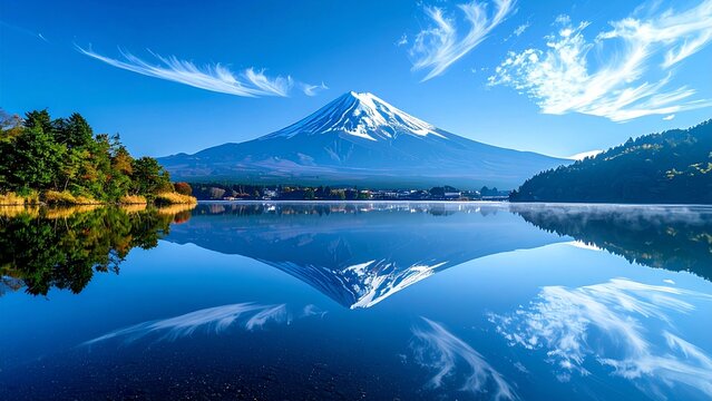 富士五湖の静寂：鏡面のような湖面に映る完璧な逆さ富士と青空の風景
Serene Mount Fuji, Perfect Mirror Reflection on Lake with Blue Sky
