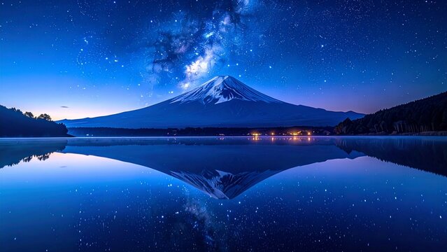 神宿る嶺 - 夜空に舞う銀河と鏡富士の幻想
Celestial Mt. Fuji - Mystical Mirror Reflection with Galaxy Clouds