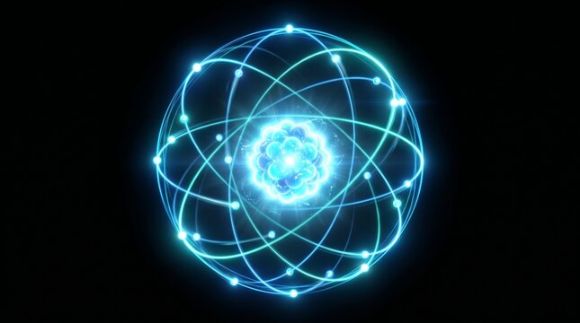 Illustration of the structure of blue atom subatomic particles with multiple electron paths