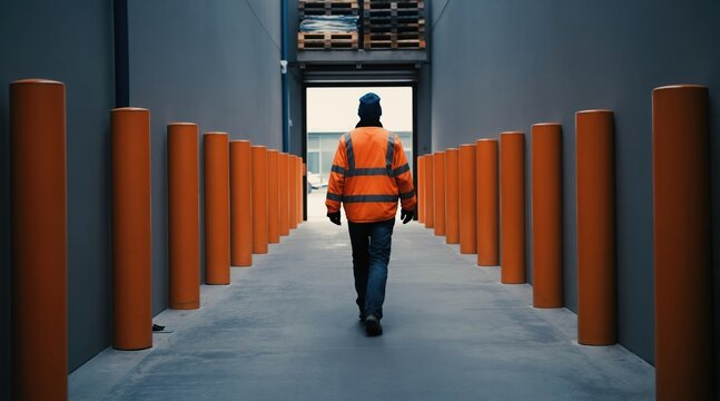 Worker in hi-vis jacket walks through industrial warehouse corridor. Employee moves toward loading dock entrance. Male person works in logistics facility, cargo shipping area, manufacturing plant.