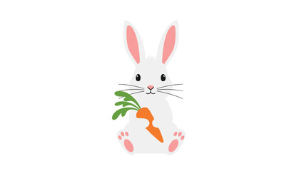 Naklejka premium Cute white rabbit sitting and holding a fresh orange carrot with green leaves in a minimalist vector illustration.