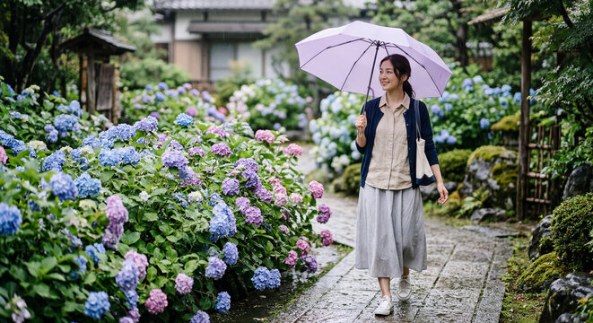 雨の日に満開の紫陽花が咲く庭園を傘を差して歩く和服風の日本人女性