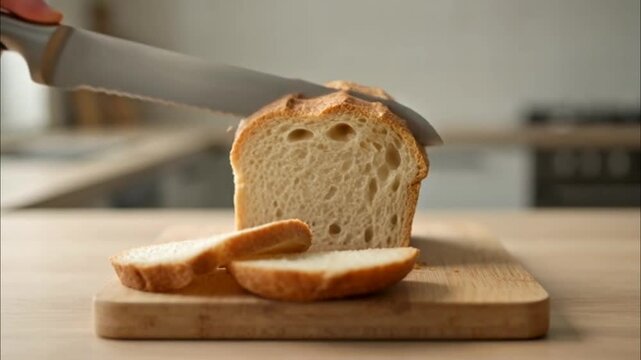 Cutting loaf of bread on board.