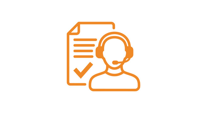 Orange line logo depicting a technical support agent with a headset and a verification document in the background.