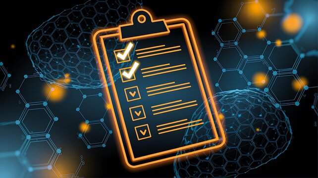 Digital checklist with glowing task list and data network background productivity concept