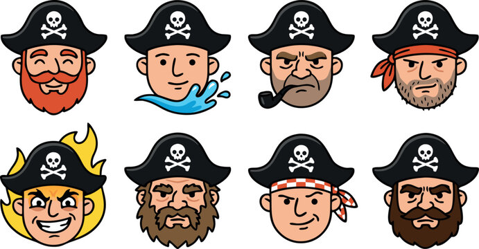 Set Of Diverse Pirate Captain Avatar Characters Wearing Tricorne Hats With Skull And Crossbones Symbols Vector Illustration