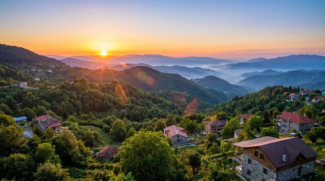 sunrise forming winter line in mussoorie India . layers of mountains top view uttarakhand