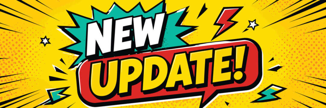 New update comic book style banner with bright colors and explosive design elements.