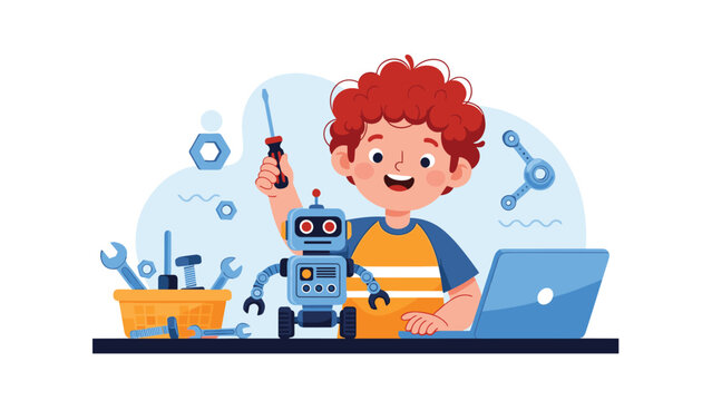 Young boy building a robot toy with a screwdriver at a desk with laptop and toolbox for engineering and stem education.