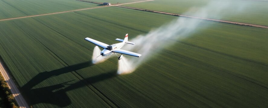 Small plane flies over green field spraying liquid. Aerial view of crop duster applying chemicals for pest control. Farming operations increase crop yield and productivity on farmland.